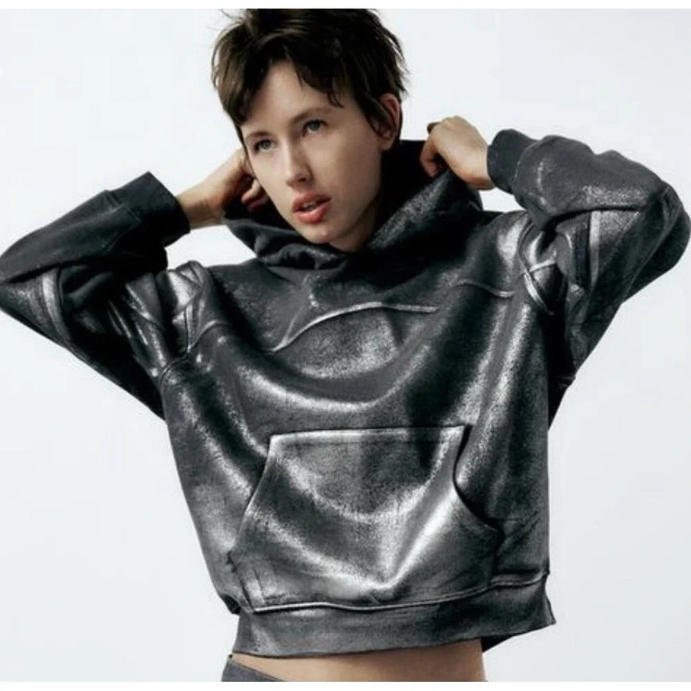 ZARA Womens Girls Metallic Silver Punk Gothic Rock Hoodie‎ Sweatshirt Size S - Picture 4 of 15